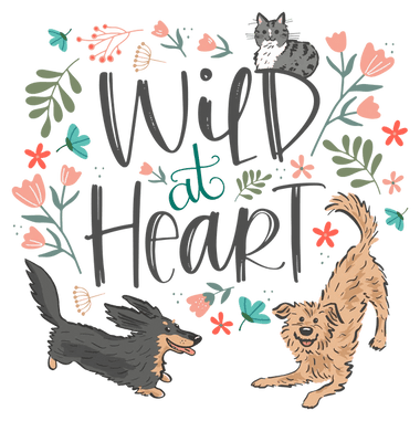 Playful dogs with flowers and leaves around "Wild at Heart" text.